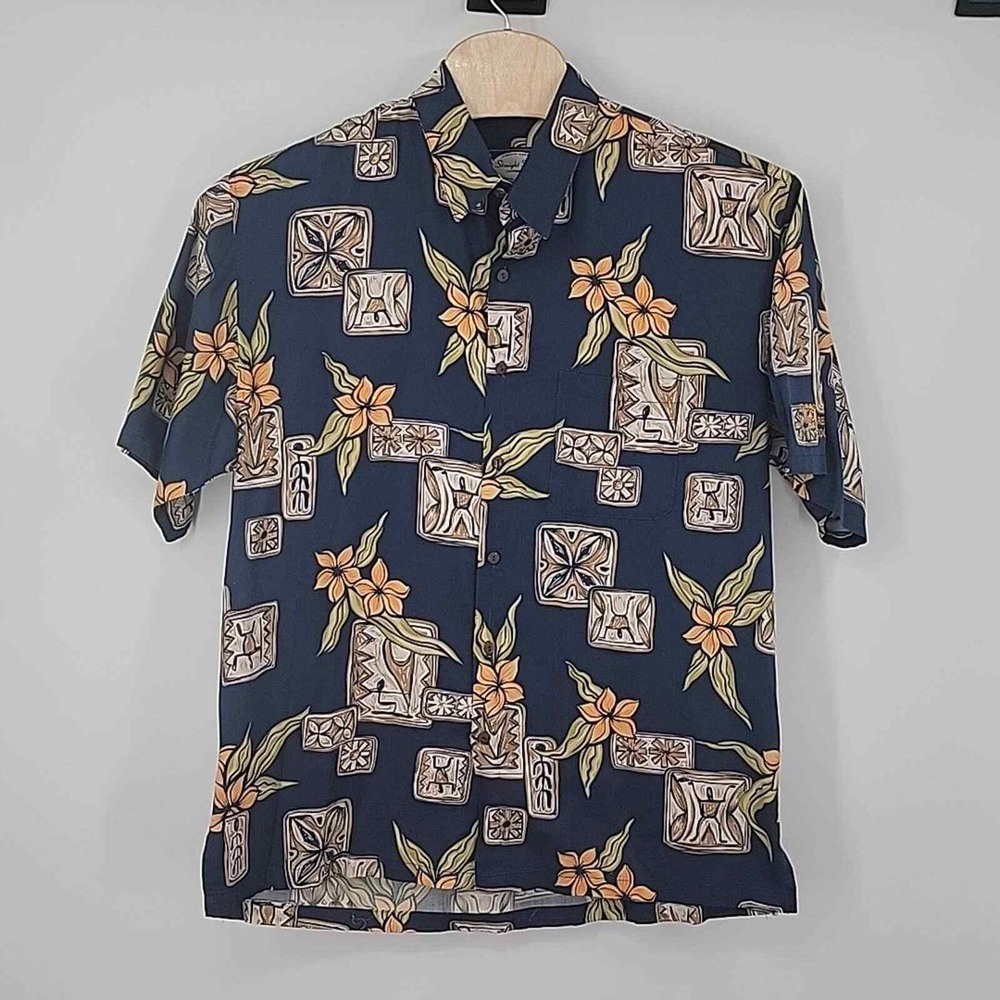 Vintage STRAIGHT DOWN Hawaiian Floral Button Up Shirt Mens XL Blue Sateen‎ USA
